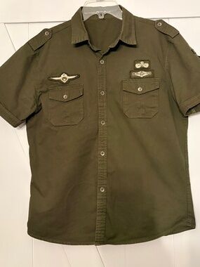 Original Marines Boys Military Patch Shirt Olive Green Size M (10-12) P2P 19